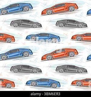 Vector Supercars seamless pattern, decorative automotive background with concept super cars in moving for bed linen, square placard with clipart of ru Stock Vector