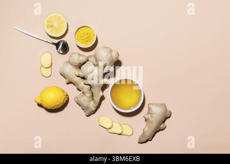 Ingredients for making immunity boosting healthy vitamin drink. Immunity strengthening and detox concept Stock Photo