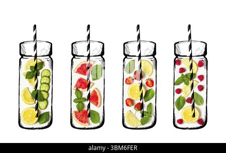 Summer drink concept. Ingredients for lemonade. Fresh Fruits and Berries. Fresh Fruits and Berries photo in hand drawing bottles Stock Photo