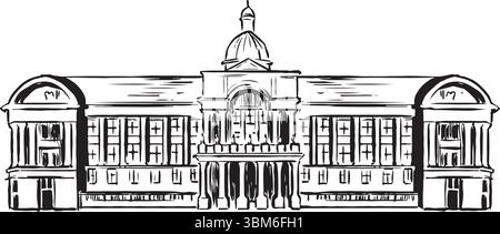 Birmingham Council House, England black and white ink sketch. Victorian Baroque architecture, intricate carvings, grand arches, central dome. Stock Vector