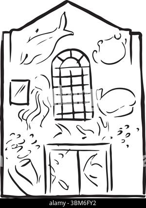 Stokes Croft facade, Bristol, England black and white ink sketch. Urban area, vibrant street art, eclectic architecture, and cultural creativity. Stock Vector