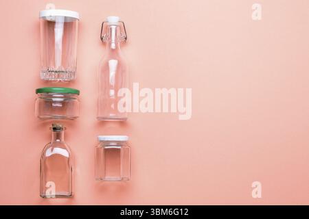 Set of reusable jars and bottles for packaging products. Zero plastic concept Stock Photo