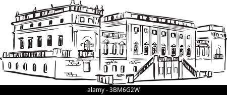 Harewood House, Leeds, England black and white ink sketch. Stunning Georgian mansion with elegant architecture and gardens. Stock Vector