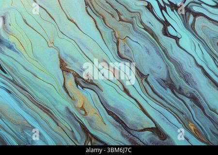 Diagonal mint green waves and gold particles. Fluid Art. Abstract marble background or texture Stock Photo