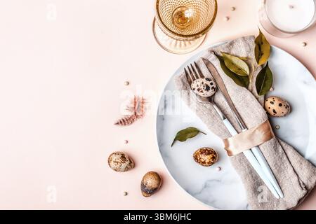 Easter festive table setting in natural style. Beautiful arrangement Stock Photo