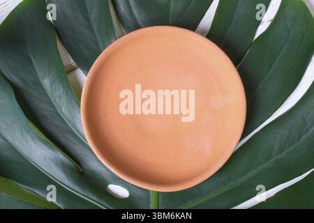 Empty ceramic handmade dish on a leaf of monsters Stock Photo