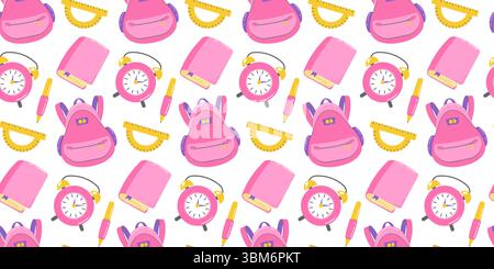 Colorful back to school seamless pattern featuring backpacks, books, clocks, perfect for educational designs, back to school or promotional materials. Stock Vector