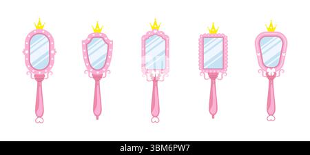 Princess mirror. Set of Baby hand mirrors with pink different borders and gold crowns. Handheld Makeup Frame. Vintage Vector illustration in flat Stock Vector