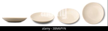 set of beige color ceramic or porcelain shallow plates or bowls isolated white background, mock-up template of dishware in different angles Stock Photo