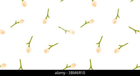 Seamless pattern with soft cream-colored flower buds on green stems. Flat botanical design with light natural palette on white background. Stock Vector