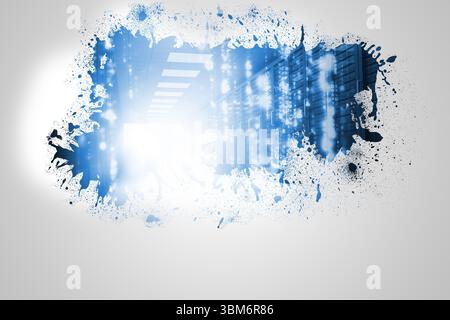 Splash on wall revealing server hall Stock Photo