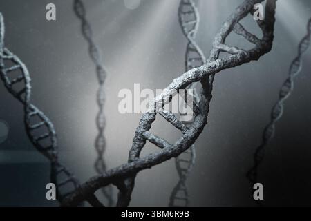 Single dark gray DNA helix floating in 3D lab visual, showing light speckles and helices blurring Stock Photo