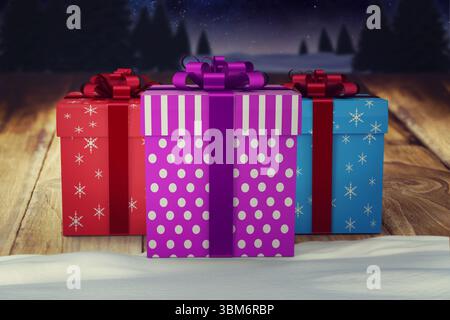 Three decorated gift boxes are sitting on snowy wood under starry night forest in flat design Stock Photo