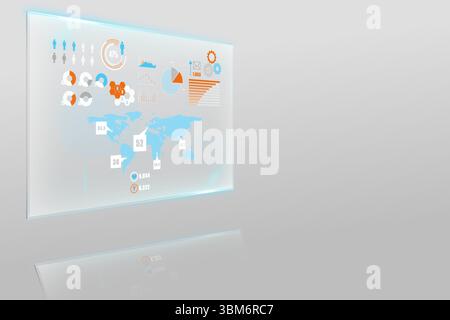 Displaying floating transparent panel featuring data visuals and icons reflecting on gray surface Stock Photo