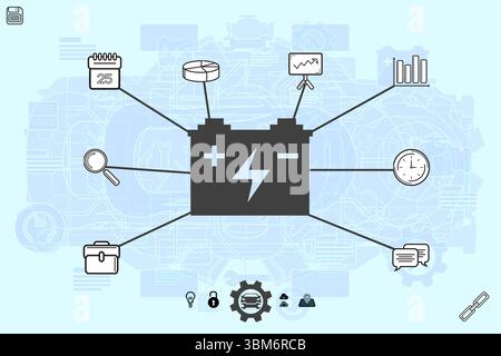 Dark gray car battery icon is powering flat design illustration with calendar, charts, tools Stock Photo