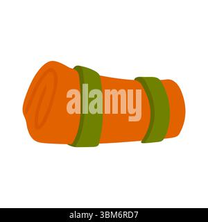 Cartoon-style rolled orange sleeping mat with green straps, isolated on white background. Flat camping equipment illustration, side view. Stock Vector