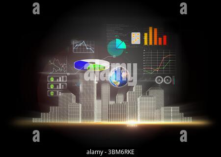 Glowing wireframe skyline showing floating holographic pie, bar and line charts with earth globe Stock Photo