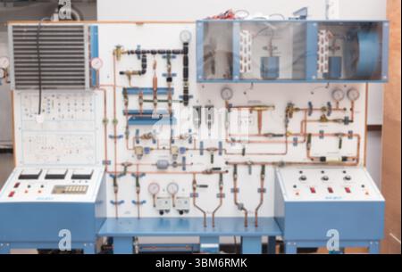 Mechanical training panel is showing copper pipes, gauges, consoles, clear housings in flat design Stock Photo