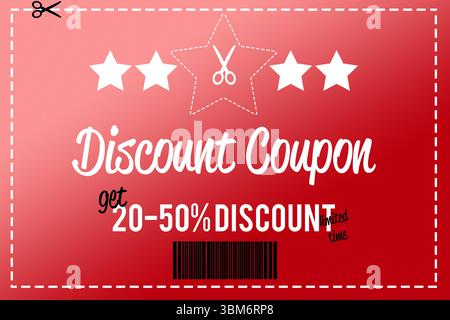 Displaying red gradient coupon featuring dashed border, scissor icons, 20–50% discount, barcode Stock Photo