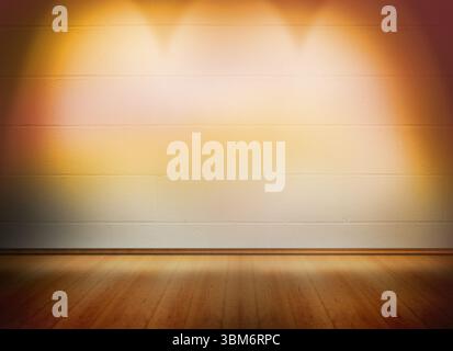 Flat design is showing minimalist space with three spotlights over brick wall and hardwood floor Stock Photo