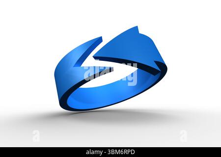 Blue 3D-rendered arrow ring is floating above gradient floor casting soft shadow in white studio Stock Photo
