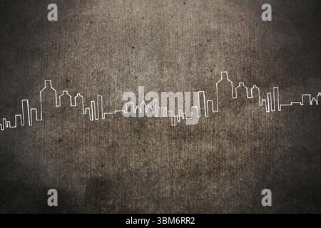 White skyline silhouette is stretching across mottled brown-gray textured background in flat design Stock Photo