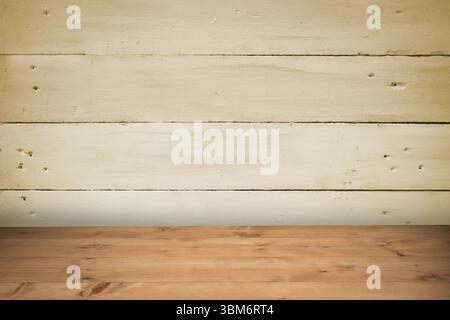 Wooden plank wall and tabletop are creating natural flat design backdrop for display, copy space Stock Photo