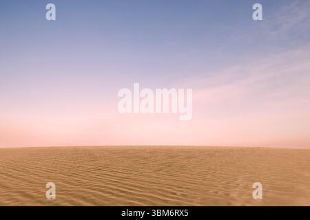 Flat design illustration is depicting rippled sand dunes stretching below soft pastel dawn sky Stock Photo