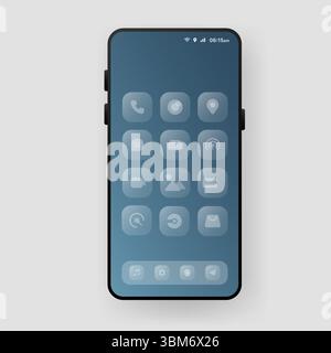 Minimalist smartphone screen interface displaying a transparent app drawer menu with rounded icon buttons Stock Vector