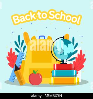 back to school illustration with a bag, books, and a globe Stock Vector