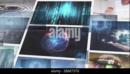Displaying digital globe glowing network lines in virtual interface space, with HUD panels Stock Photo