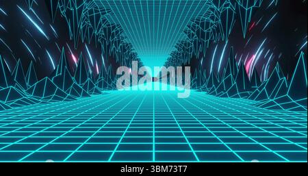 Glowing cyan wireframe tunnel extending to horizon in simulation, with pink-purple glow and cube. Futuristic, sci-fi, digital, abstract, neon, technol Stock Photo