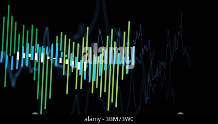 Displaying green blue white vertical bars pulsing on black interface, with thin line waveform. Abstract, data, visualization, digital, tech, interface Stock Photo