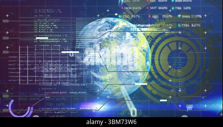 Displaying 3D Earth globe rotating on virtual control dashboard, with code blocks and data labels. Futuristic, holographic, interface, data visualizat Stock Photo