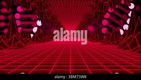 Glowing wireframe corridor extending in cyberspace, with pink grid, peaks and spikes, disc panels. Futuristic, digital, vibrant, immersive, abstract, Stock Photo