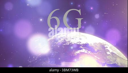 Displaying 6G text hovering above Earth globe in space, with stars, light flares, bokeh orbs. Futuristic, cosmic, digital art, sci-fi, space explorati Stock Photo