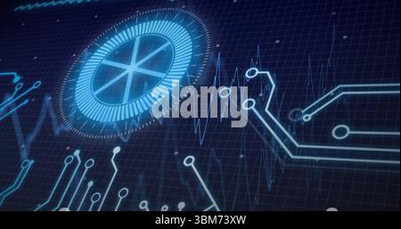 Animating holographic interface rings, circuit traces, waveforms, particles on grid HUD, copy space. Futuristic, technology, digital, neon, sci-fi, in Stock Photo