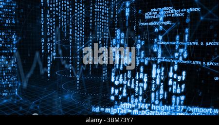 Streaming code snippets over grid floor, with alphanumeric streams forming waveform data tunnel. Futuristic, digital, virtual, technology, innovation, Stock Photo