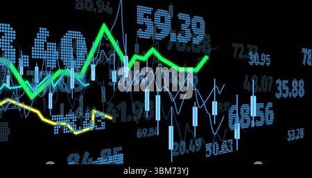 Displaying trading chart showing blue candlesticks and green lines on screen, with numeric overlays. Financial, technology, digital, modern, analytica Stock Photo