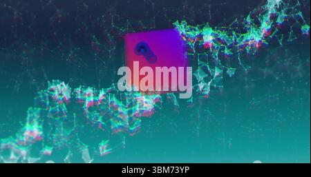 Floating magenta square drifting through virtual space, with neon mesh of interconnected nodes. Futuristic, digital, technology, abstract, network, cy Stock Photo