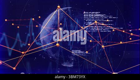 Displaying dot matrix globe pulsing with orange nodes in data interface, code and blue waveform. Futuristic, digital, network, technology, analytics, Stock Photo