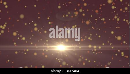 Radiating bright white light flare illuminating digital maroon backdrop, with glowing bokeh. Digital, abstract, luminous, vibrant, cosmic, futuristic, Stock Photo