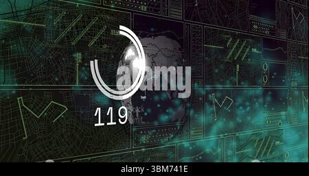 Displaying white circular progress indicator showing 119 overlaying globe on network UI grid maps. Technology, data visualization, futuristic, digital Stock Photo