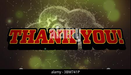 Displaying stylized THANK YOU! text glowing in virtual space, with network shape and bokeh spots. Digital, futuristic, modern, technology, abstract, c Stock Photo
