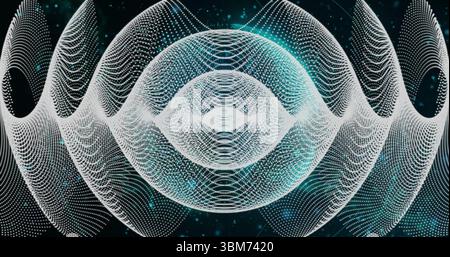 Forming oscillating dot waves in digital space, showing central spherical lattice and cyan sparks. Futuristic, digital art, abstract, technology, data Stock Photo