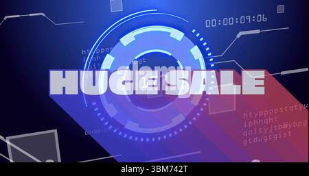 Showing HUGE SALE overlaying circular HUD on graphic template, with code snippets, timer digits. Futuristic, digital, interface, technology, ui design Stock Photo