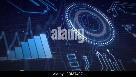 Displaying futuristic digital dashboard on tech display, with bar chart and HUD gauge. Technology, innovation, analytics, interface, data, cyber, abst Stock Photo
