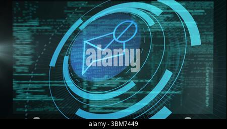 Displaying envelope icon rotating within HUD rings on monitoring dashboard, showing binary stream. Futuristic, digital, interface, cybersecurity, data Stock Photo