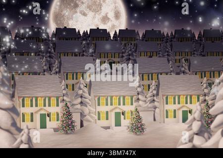 Flat design is showing three snowy houses with Christmas trees, wreaths, snowfall under full moon Stock Photo