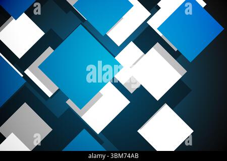 Flat design blue and white rotated squares are floating on dark gradient backdrop with shadows Stock Photo